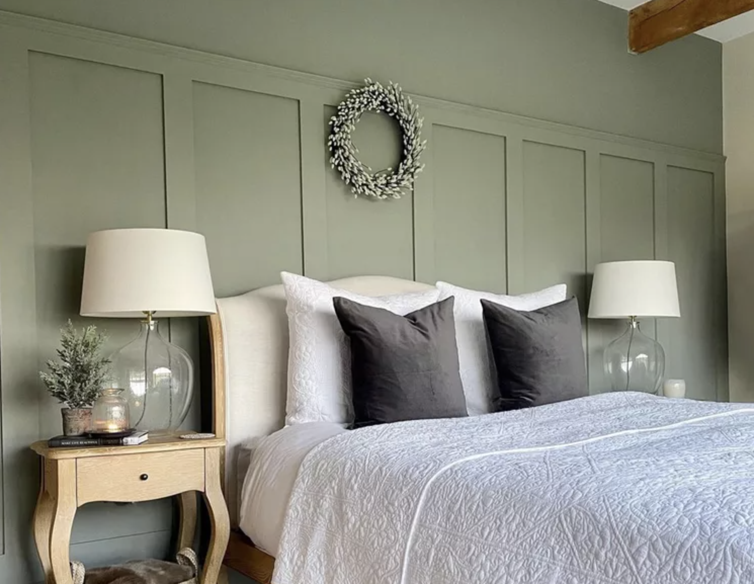 Calm bedroom with sage green walls
